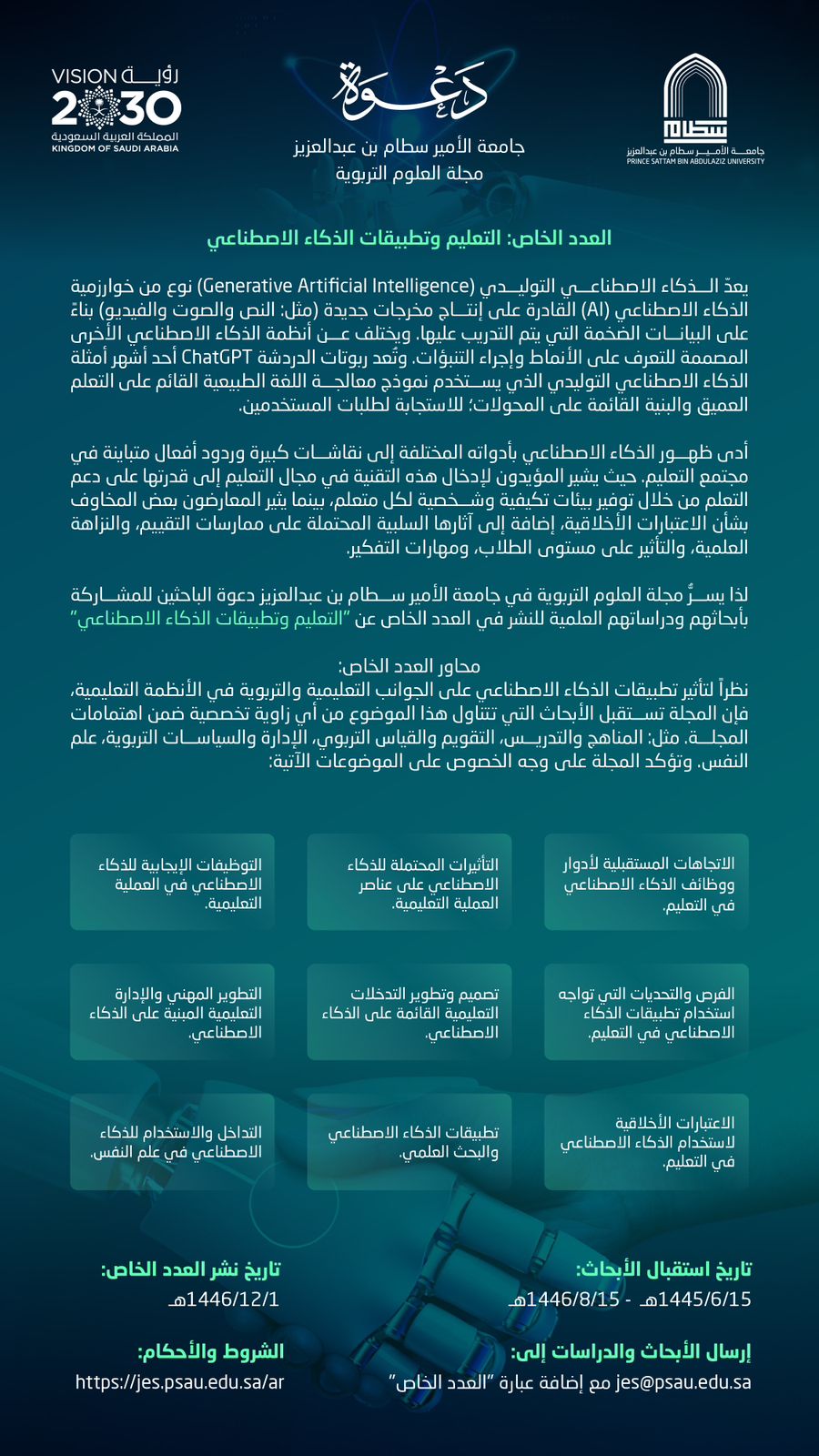 الإعلان عن بدء استقبال الأبحاث للعدد الخاص: التعليم وتطبيقات الذكاء الاصطناعي